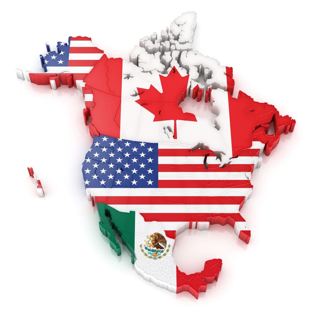 Map of North America featuring the flags of Canada, the United States, and Mexico overlaying their respective shapes.