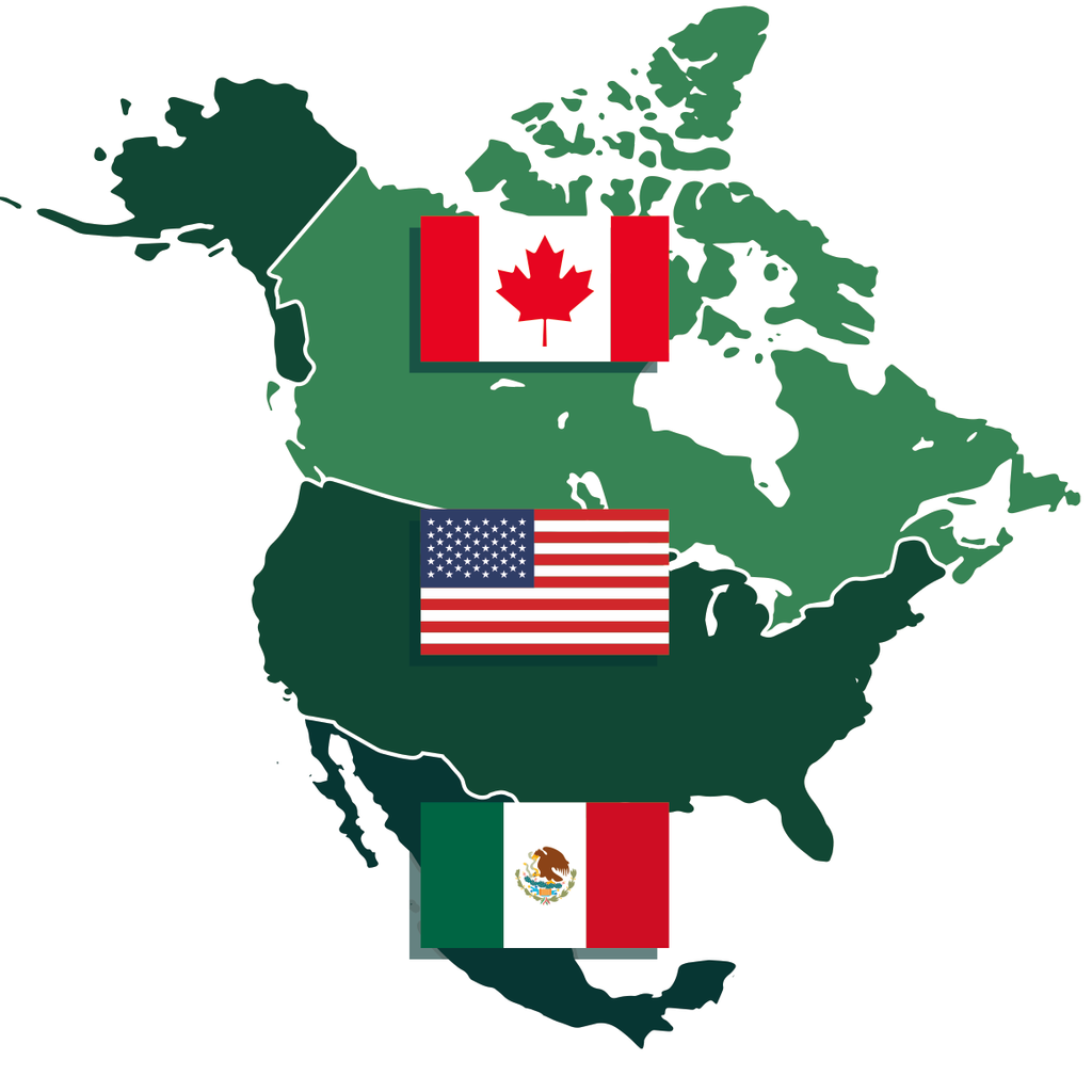 Une carte de l’Amérique du Nord avec les drapeaux du Canada, des États-Unis et du Mexique superposés sur la forme de leurs territoires respectifs