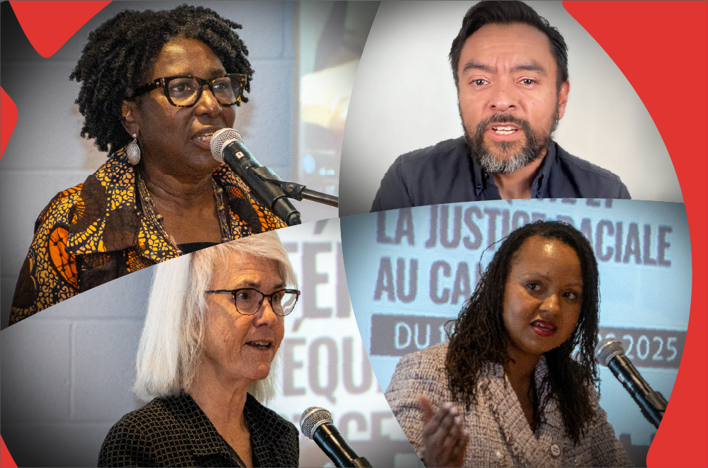 Collage of four energetic-looking speakers of diverse racial backgrounds at microphones in front of a large poster about equity and racial justice.